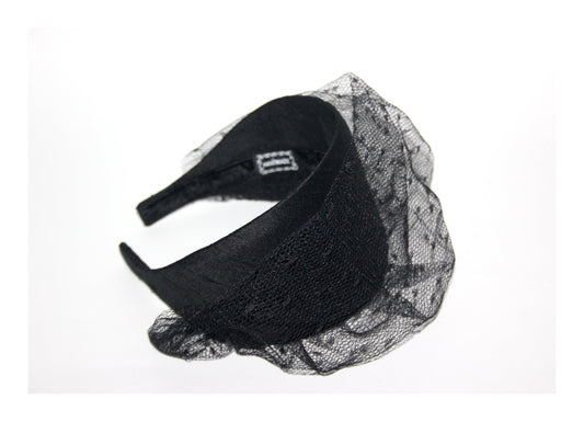 Raw Silk headband with veil, Handmade Black hair scarf, funeral, festive, party, plastic free