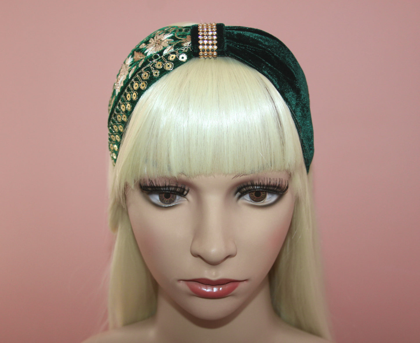 Embroidered headband Dark Green & Gold silk velvet hairband, plastic free