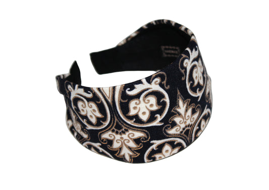 Wide headband women Dark Blue Damask pattern fabric head scarf