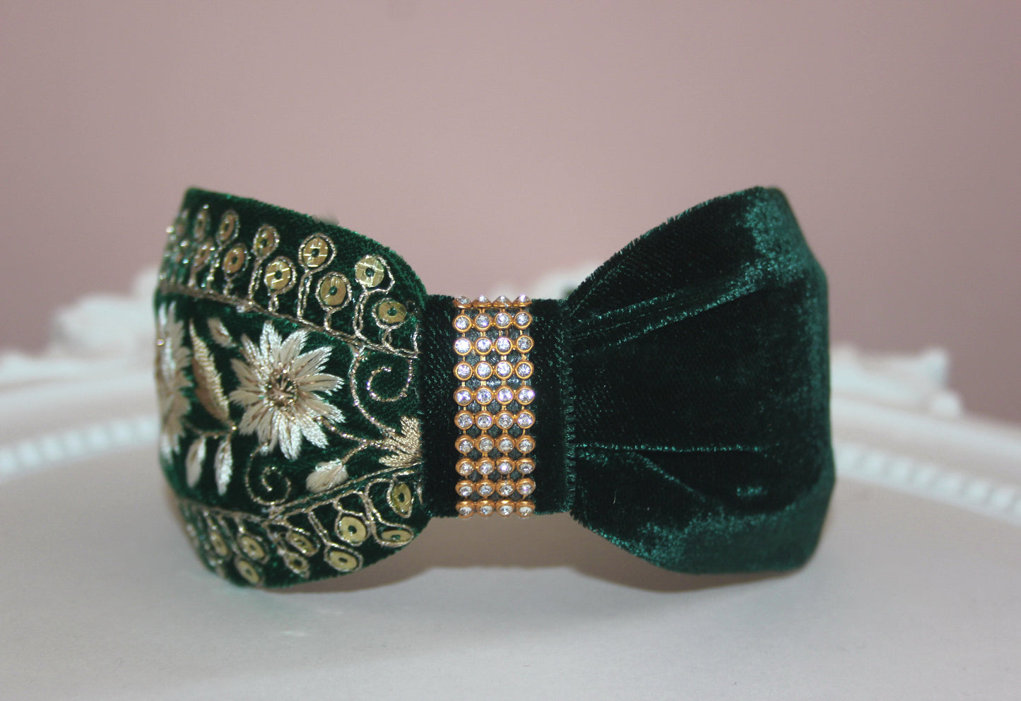 Embroidered headband Dark Green & Gold silk velvet hairband, plastic free