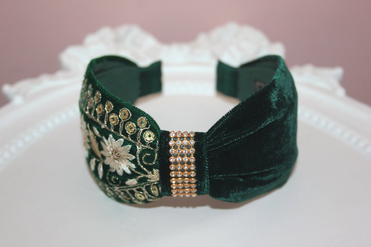 Embroidered headband Dark Green & Gold silk velvet hairband, plastic free