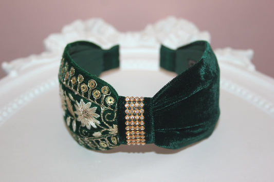 Embroidered headband Dark Green & Gold silk velvet hairband, plastic free
