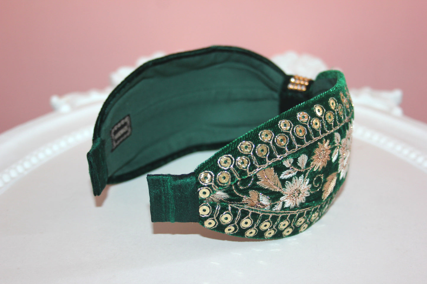 Embroidered headband Dark Green & Gold silk velvet hairband, plastic free