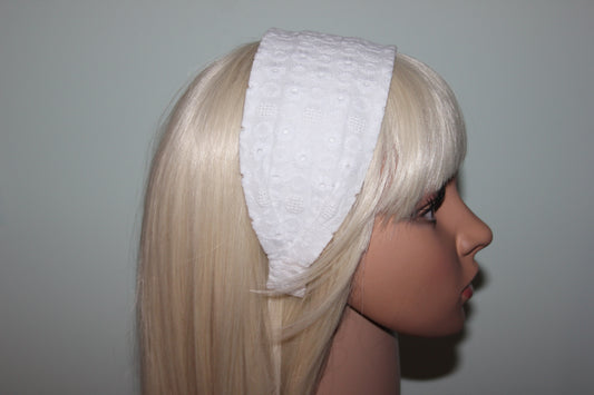 White headband Eyelet hairband for women Wide embroidered cotton head cover