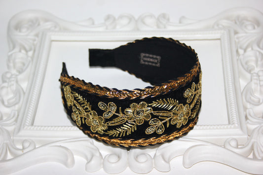 Black & Gold velvet head band 2.3" inches Embroidered hairband