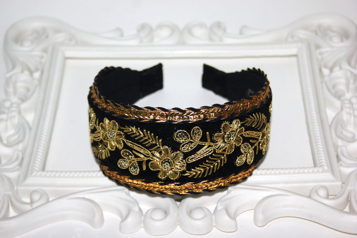 Black & Gold velvet head band 2.3" inches Embroidered hairband