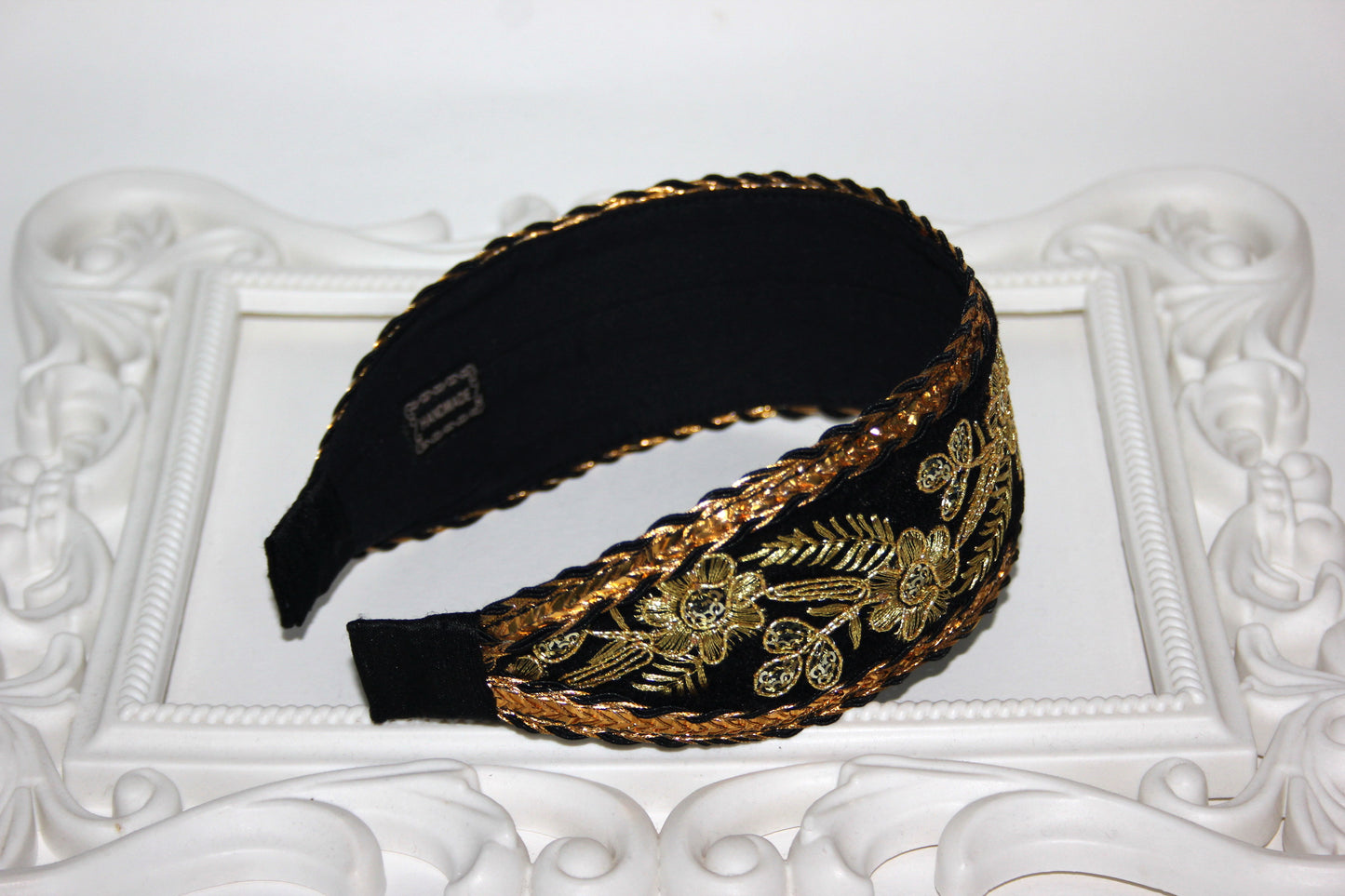 Black & Gold velvet head band 2.3" inches Embroidered hairband
