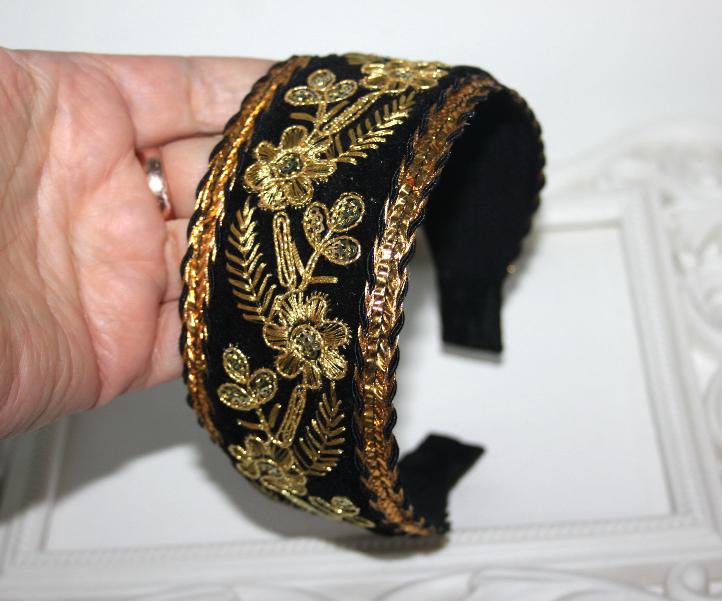 Black & Gold velvet head band 2.3" inches Embroidered hairband