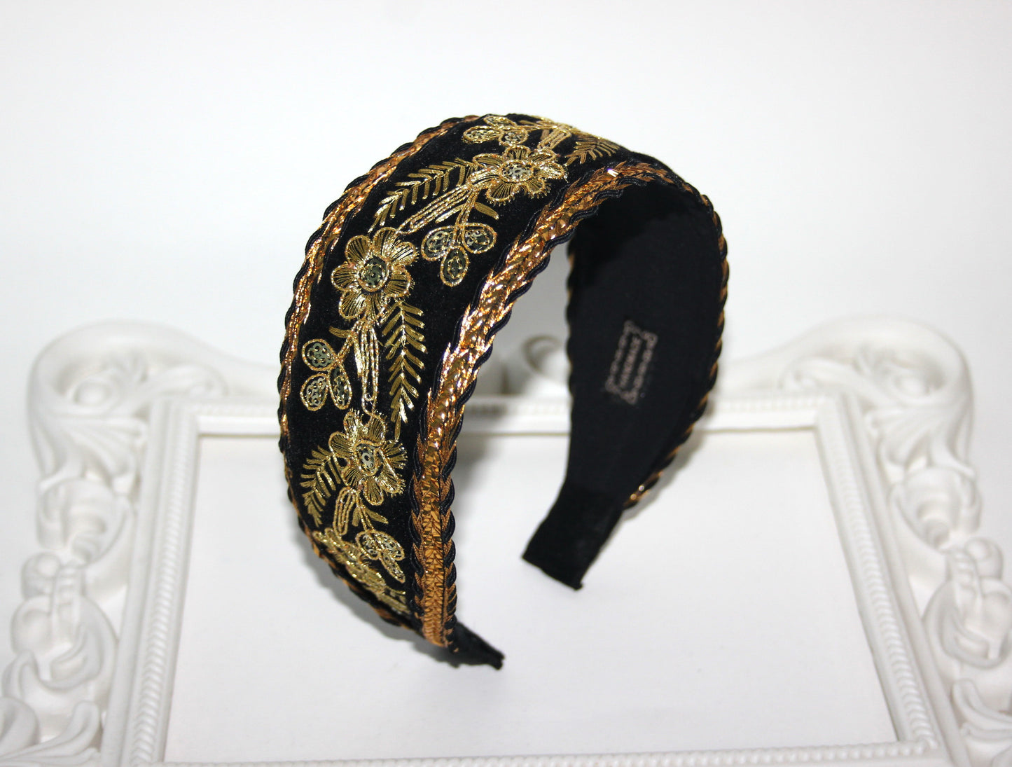 Black & Gold velvet head band 2.3" inches Embroidered hairband