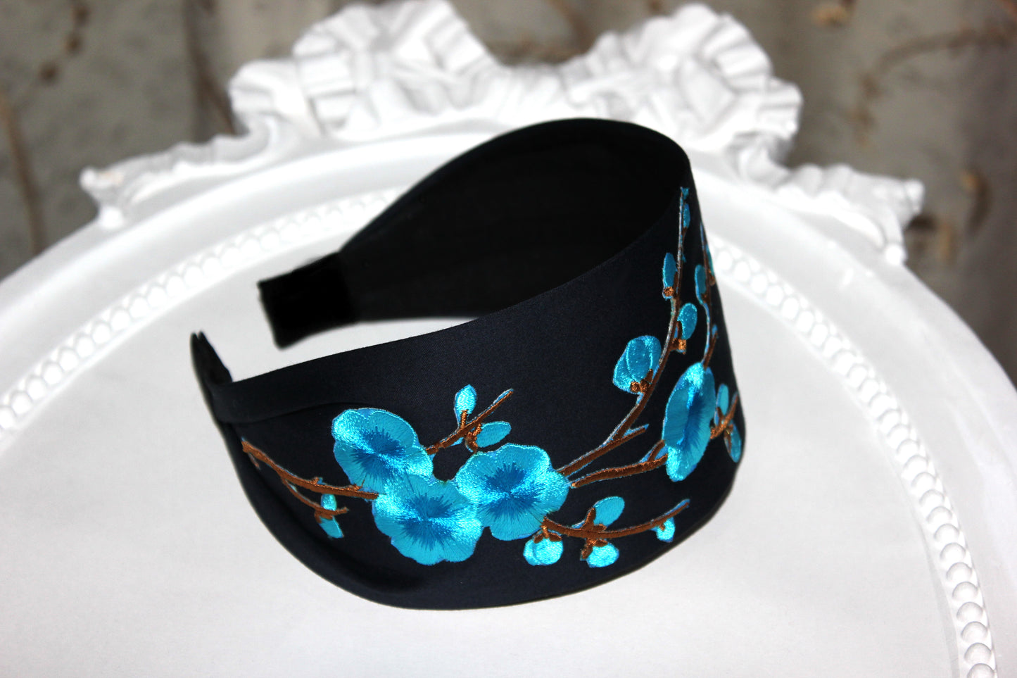 Embroidered flower headband Dark Blue Blossom sakura hairband scarf