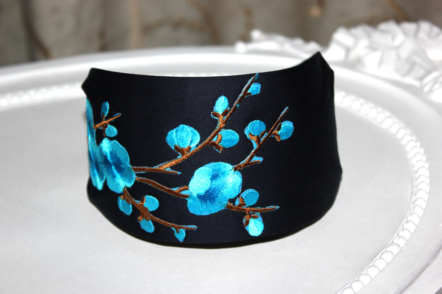 Embroidered flower headband Dark Blue Blossom sakura hairband scarf