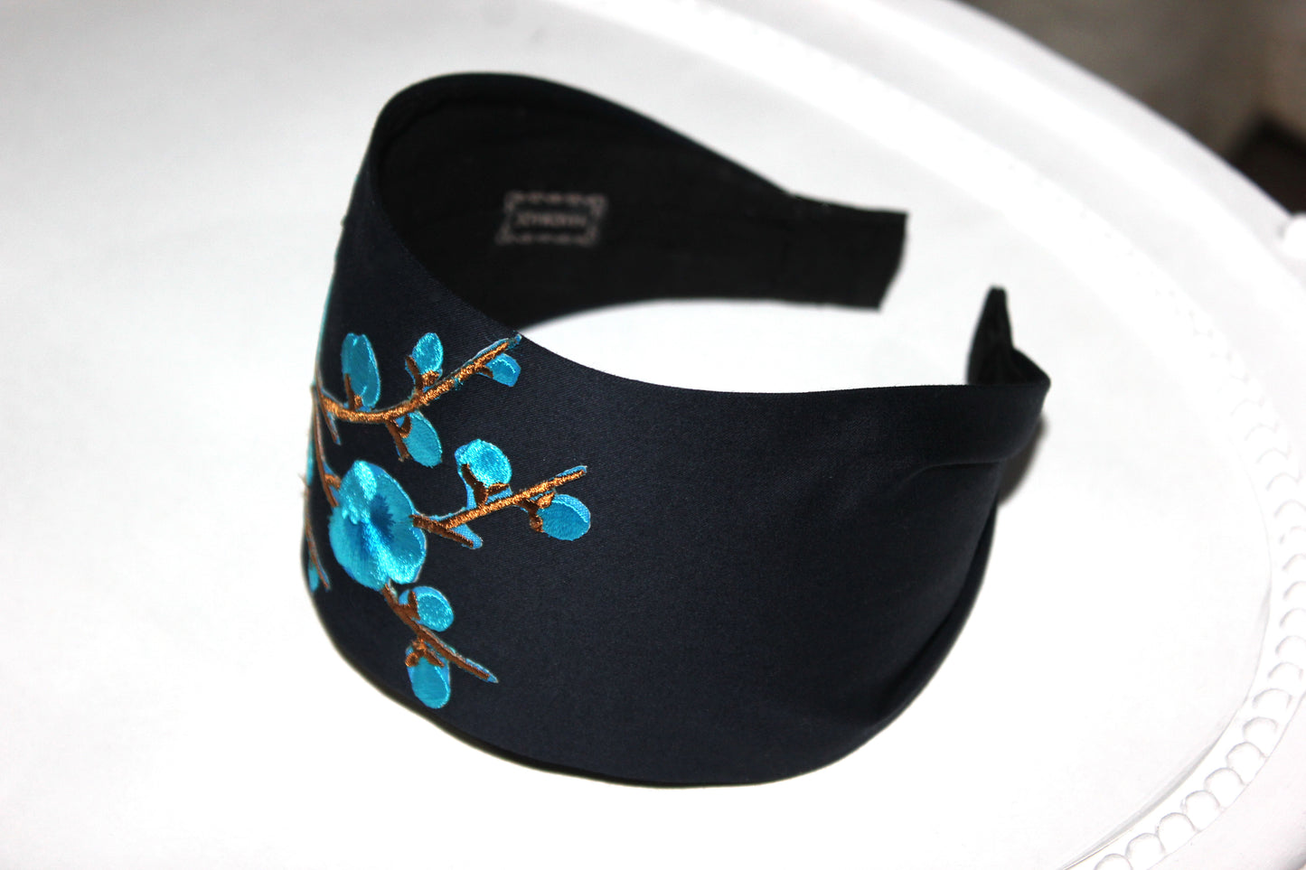 Embroidered flower headband Dark Blue Blossom sakura hairband scarf