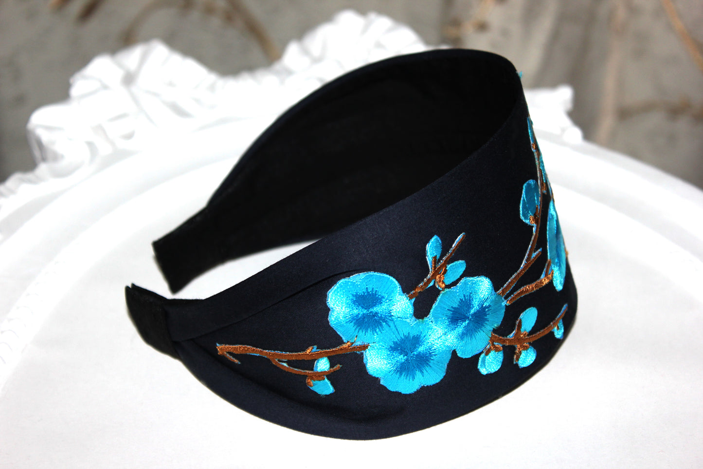 Embroidered flower headband Dark Blue Blossom sakura hairband scarf