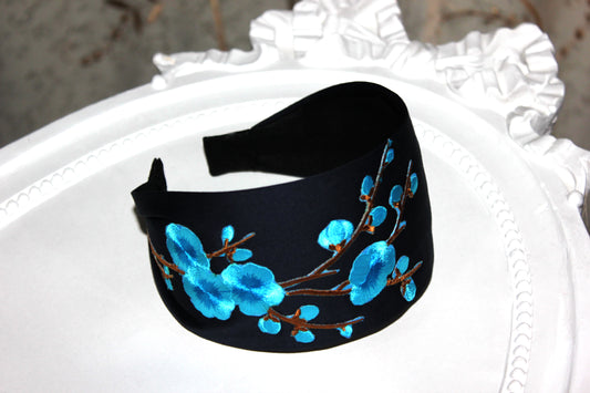 Embroidered flower headband Dark Blue Blossom sakura hairband scarf