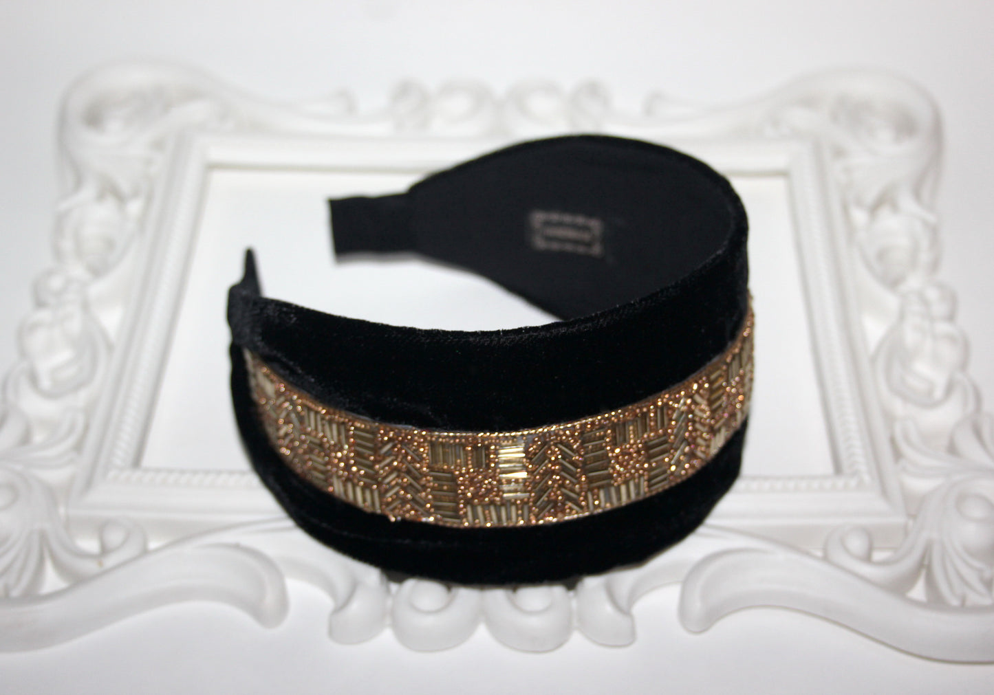 Black velvet headband Gold beaded head scarf