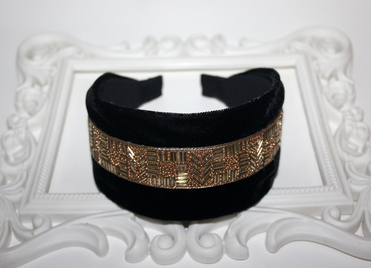 Black velvet headband Gold beaded head scarf