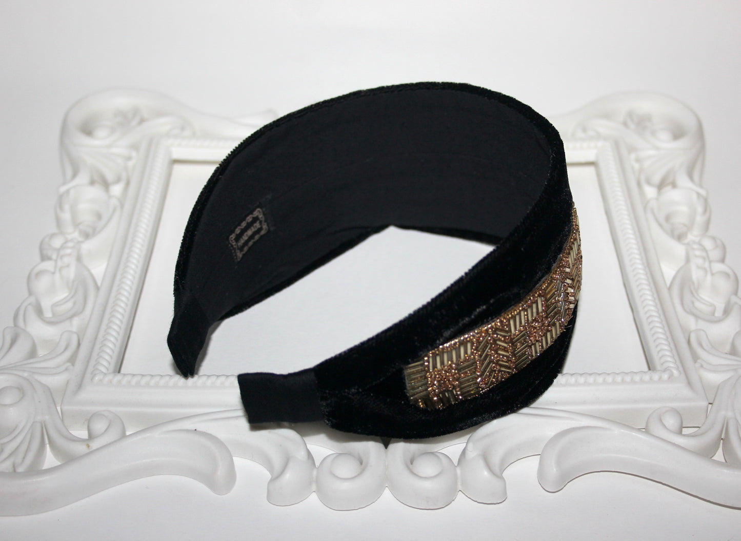 Black velvet headband Gold beaded head scarf