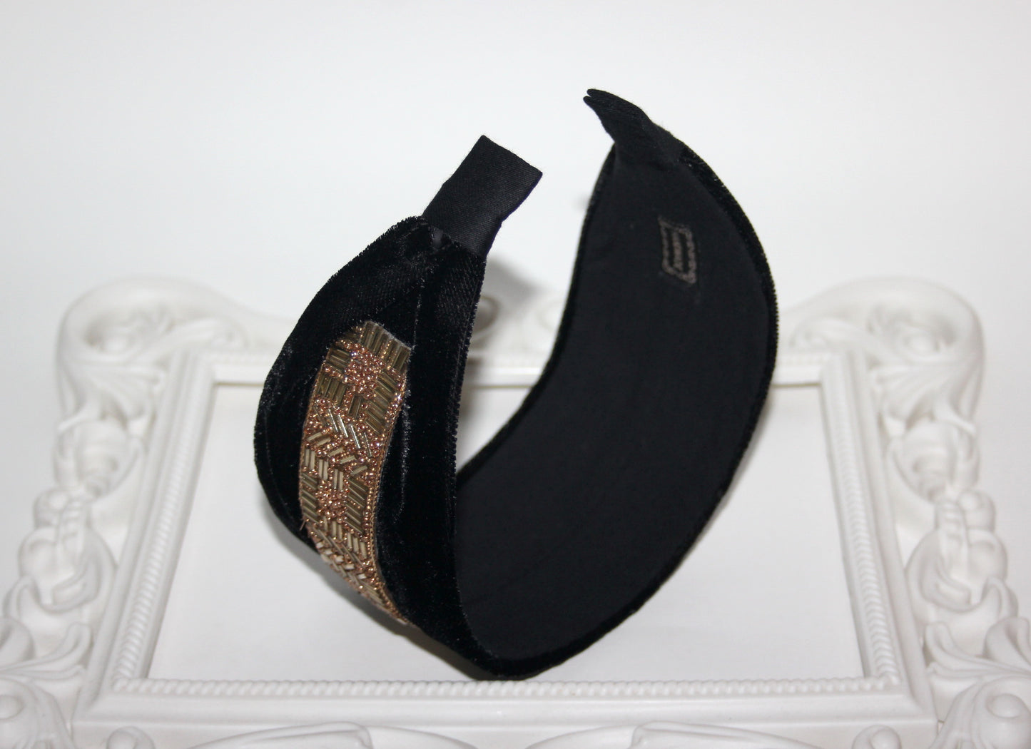 Black velvet headband Gold beaded head scarf