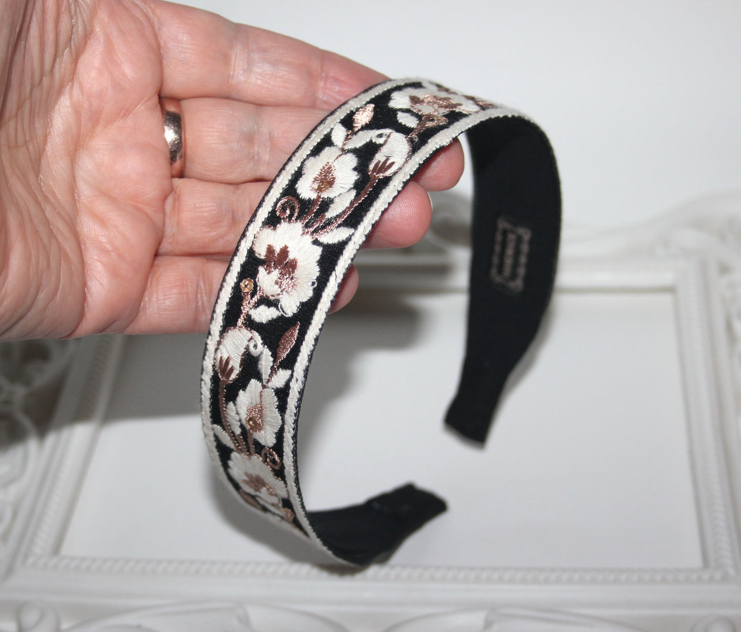 Boho thin headband for women 1.2"inches Embroidered flower flat hairband