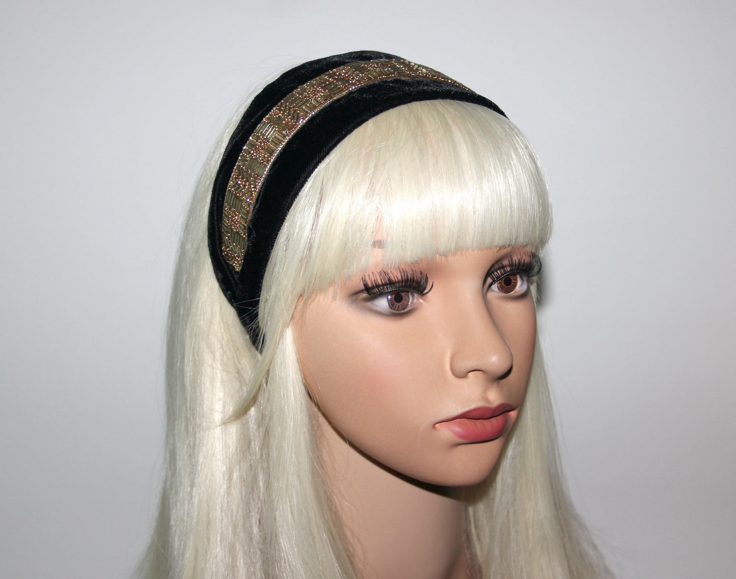 Black velvet headband Gold beaded head scarf