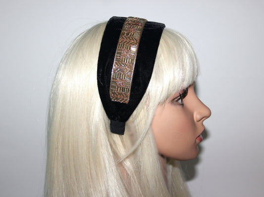 Black velvet headband Gold beaded head scarf