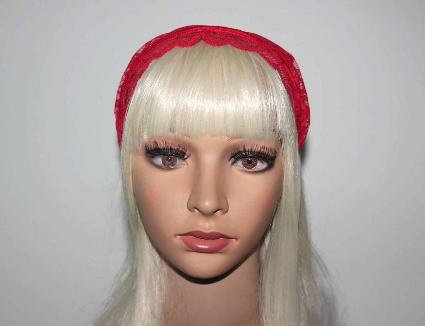 Structured church veil 6"inch Red lace headband scarf Christian head covering, plastic free
