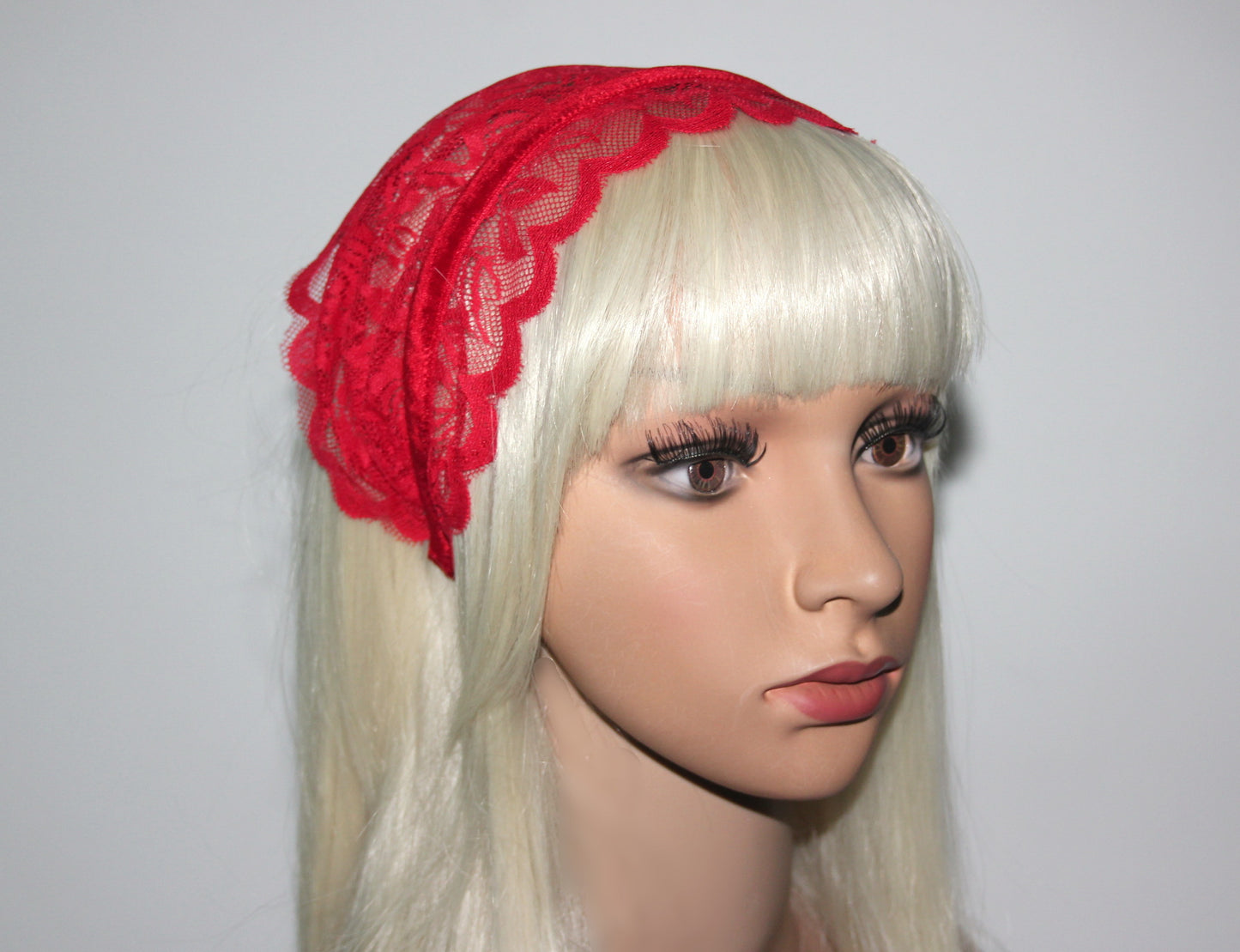 Structured church veil 6"inch Red lace headband scarf Christian head covering, plastic free