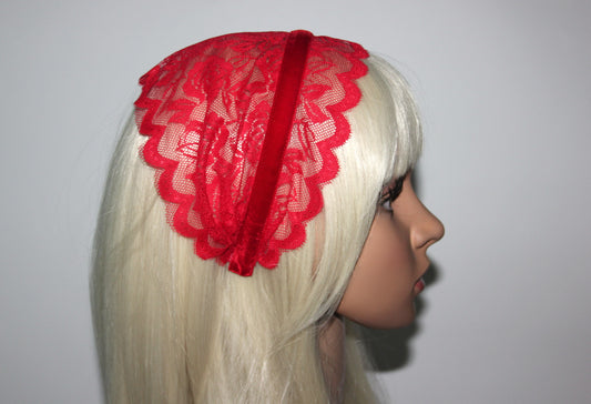 Structured church veil 6"inch Red lace headband scarf Christian head covering, plastic free