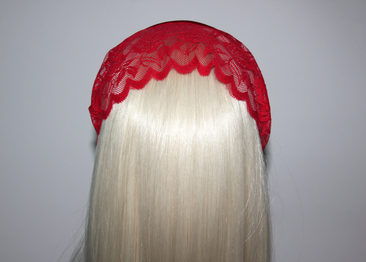 Structured church veil 6"inch Red lace headband scarf Christian head covering, plastic free