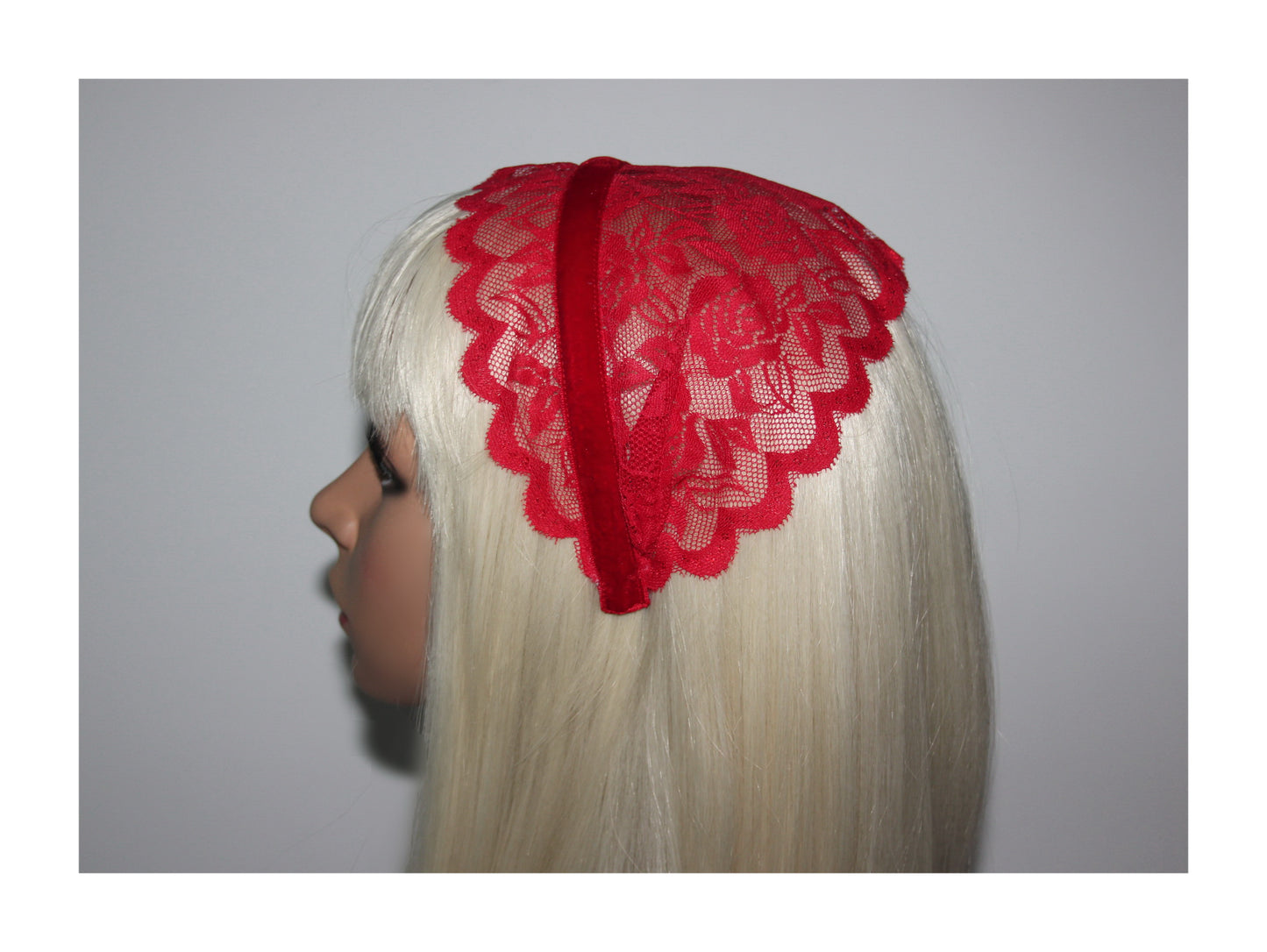 Structured church veil 6"inch Red lace headband scarf Christian head covering, plastic free