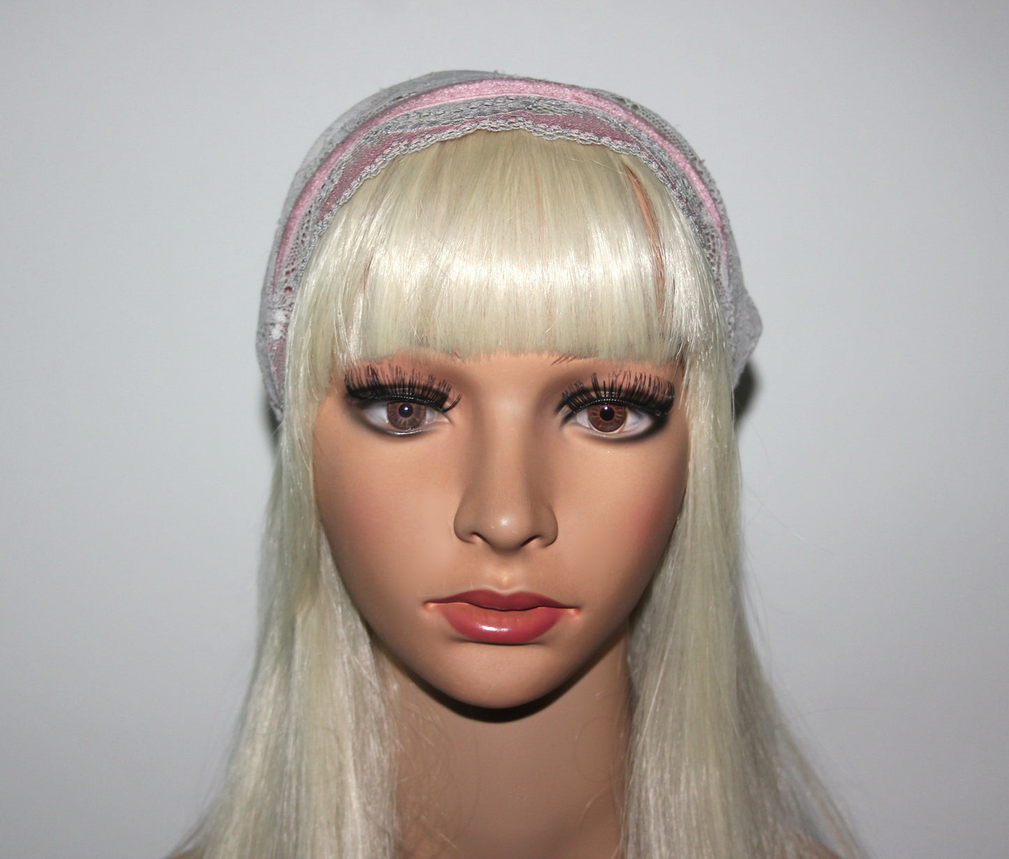 Christian head cover 7"inch Pink & Gray lace headband Structured church head scarf, plastic free