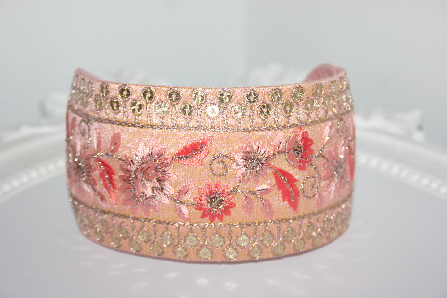 Fashion peach silk headbands for women Embroidered 3" inch sequin hairband