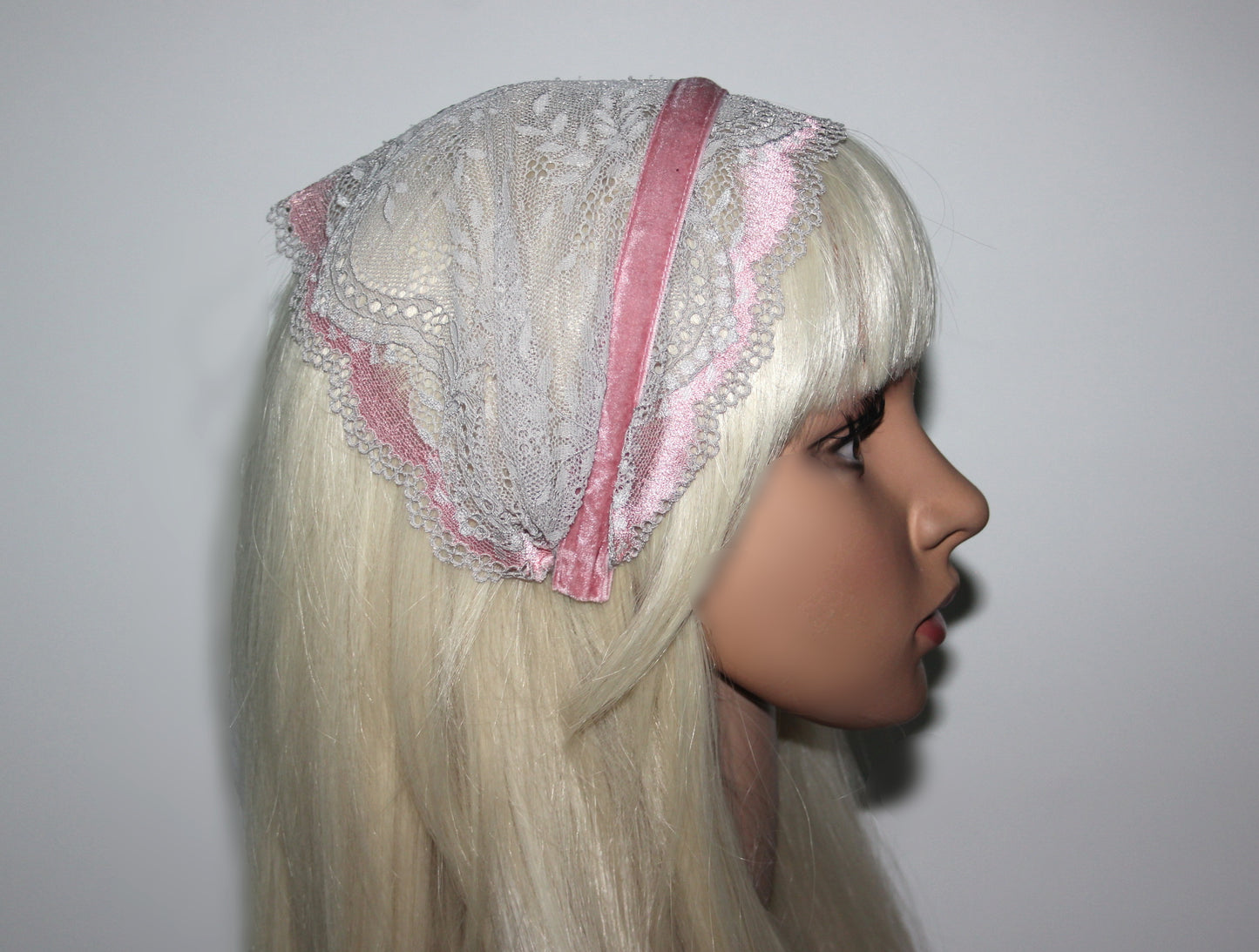 Christian head cover 7"inch Pink & Gray lace headband Structured church head scarf, plastic free