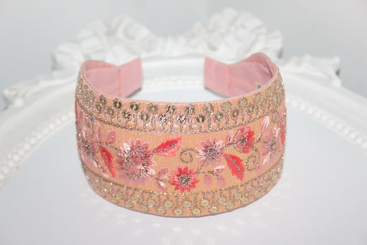 Fashion peach silk headbands for women Embroidered 3" inch sequin hairband