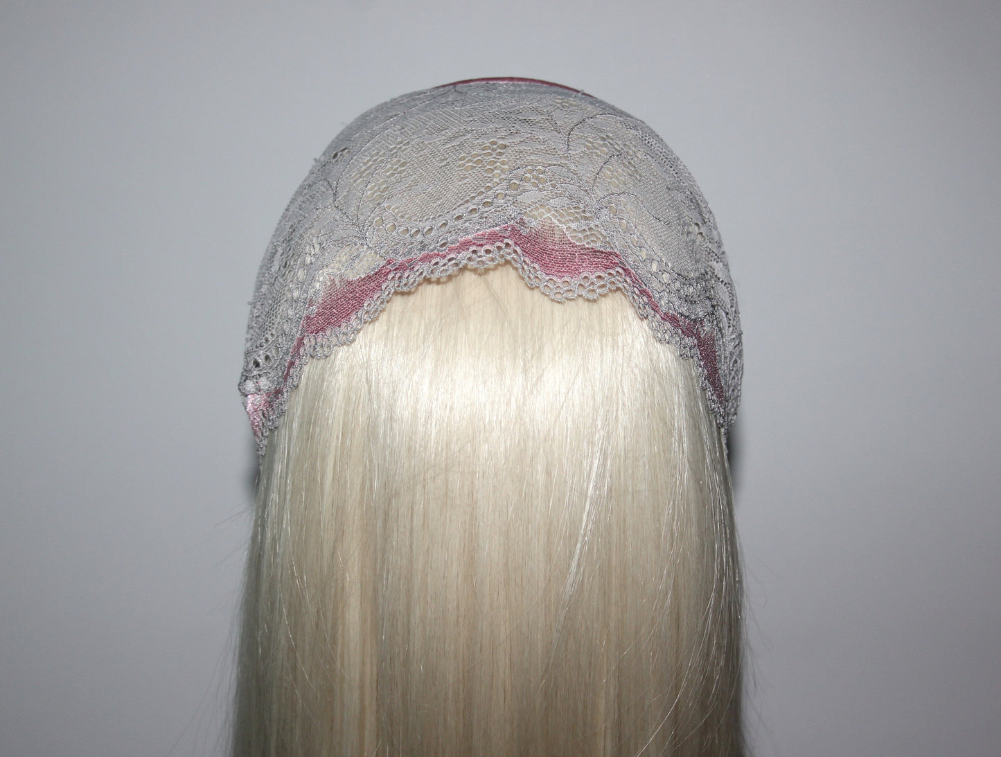 Christian head cover 7"inch Pink & Gray lace headband Structured church head scarf, plastic free