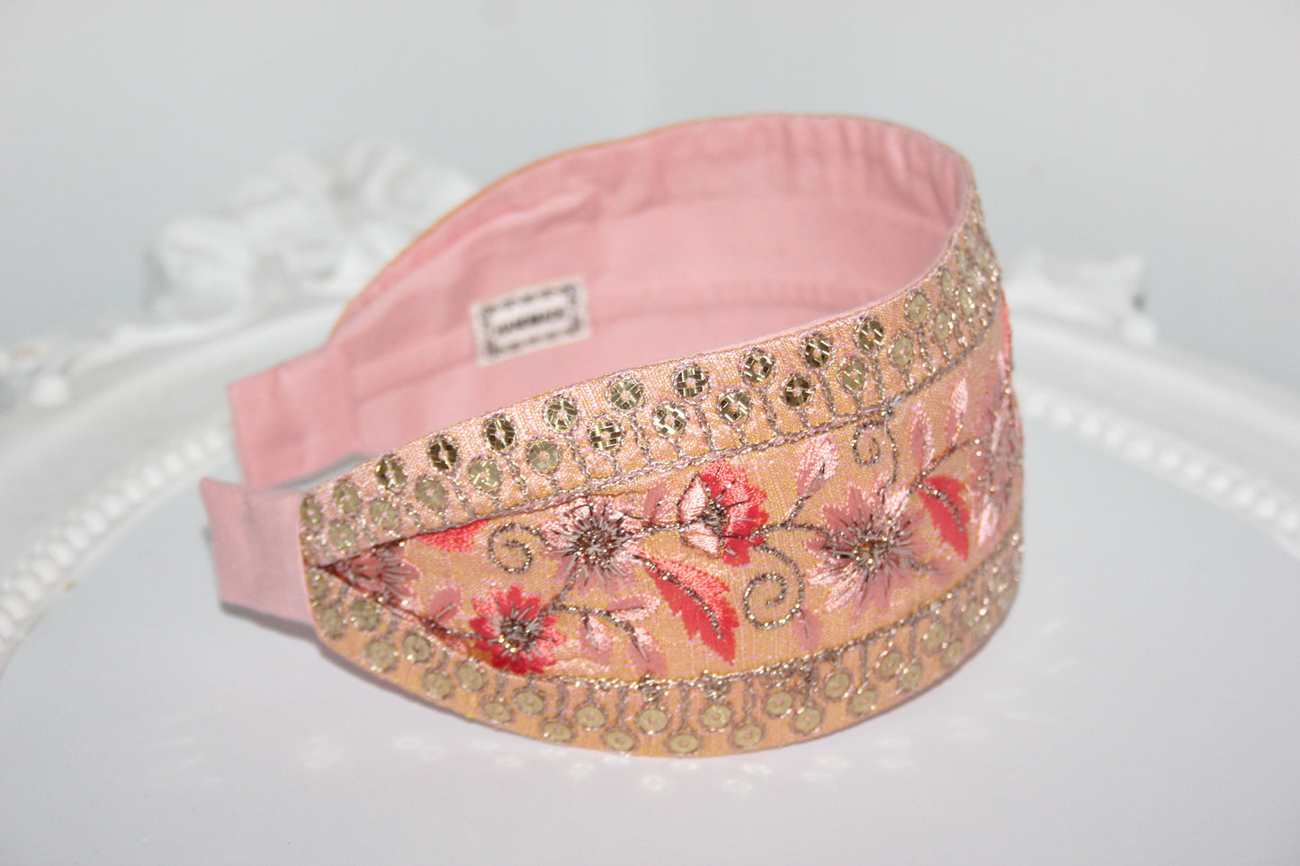 Fashion peach silk headbands for women Embroidered 3" inch sequin hairband