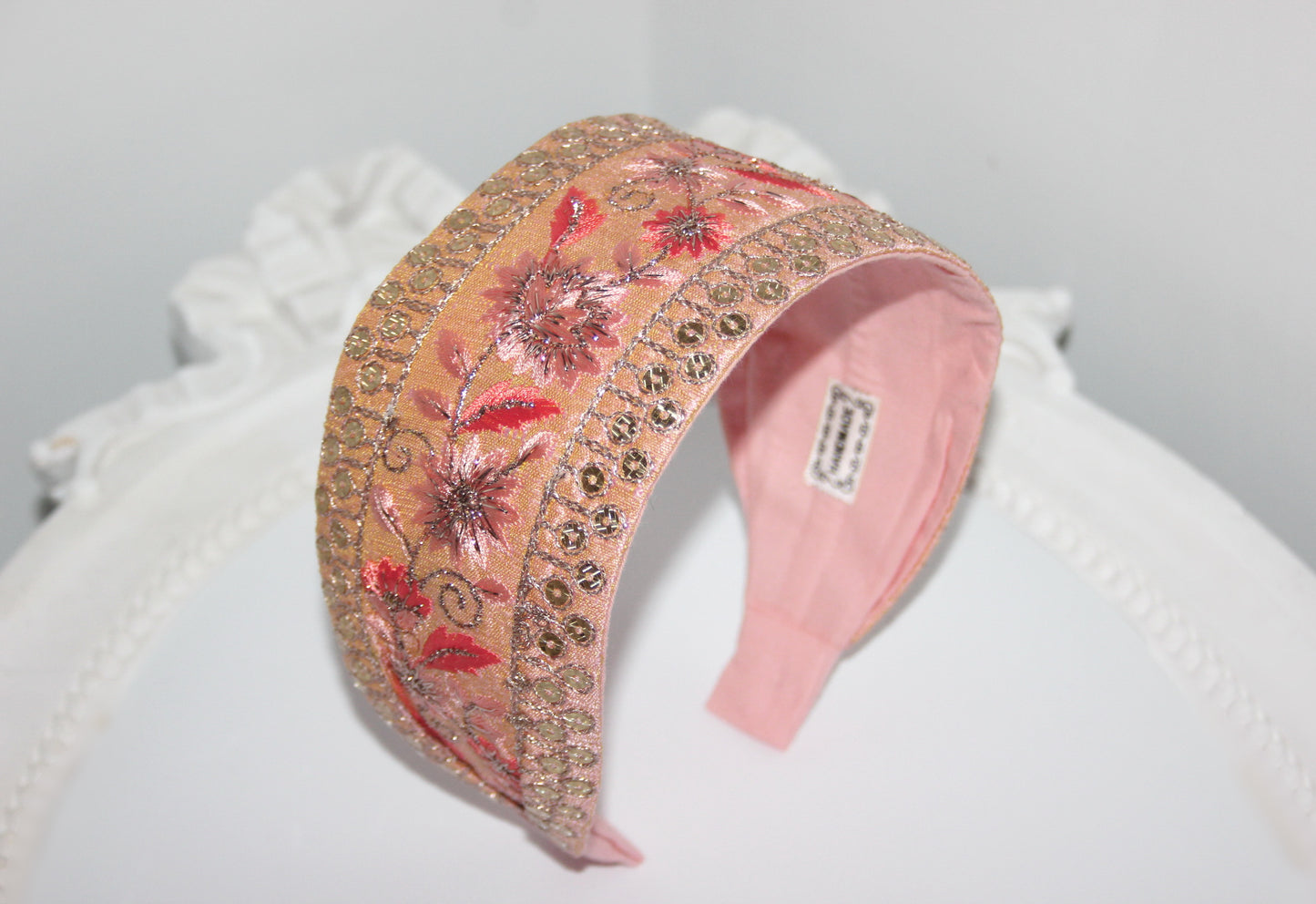 Fashion peach silk headbands for women Embroidered 3" inch sequin hairband