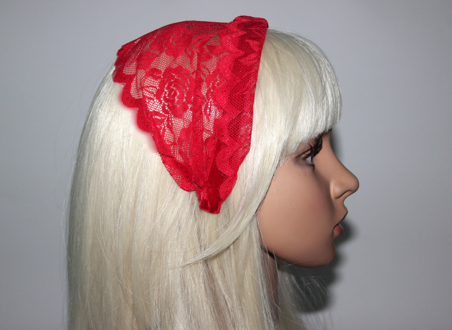 Structured church veil 6"inch Red lace headband scarf Christian head covering, plastic free