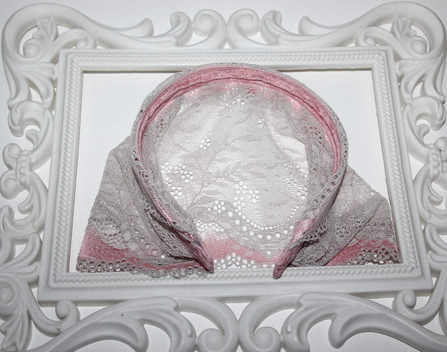 Christian head cover 7"inch Pink & Gray lace headband Structured church head scarf, plastic free