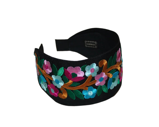 Wide headband women 2.75" inch embroidery black/ turquoise/ blue/ lilac floral hairband