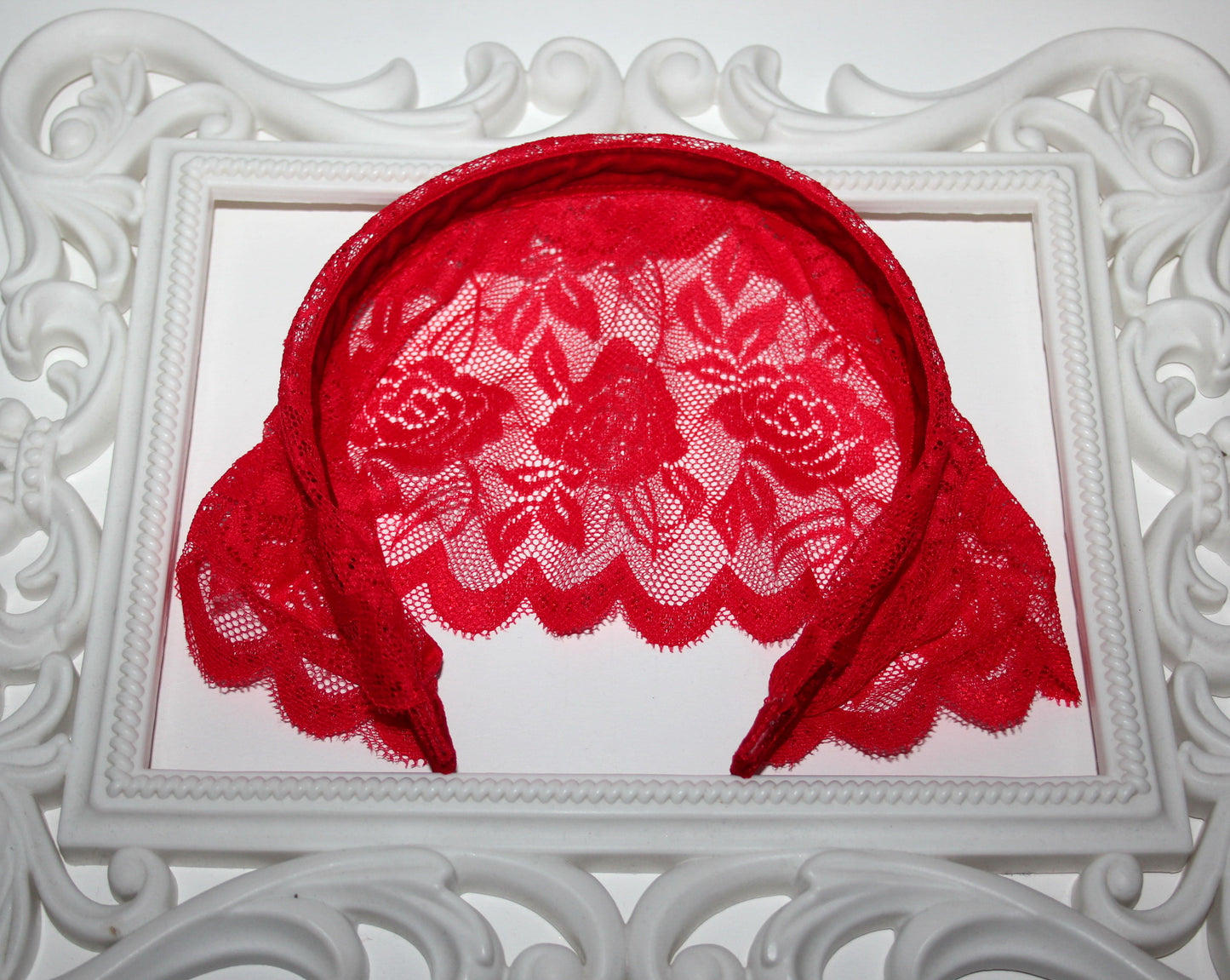 Structured church veil 6"inch Red lace headband scarf Christian head covering, plastic free