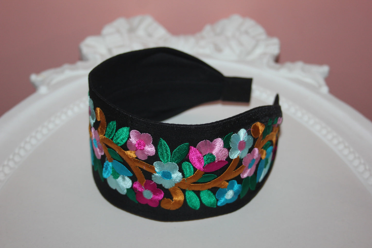 Wide headband women 2.75" inch embroidery black/ turquoise/ blue/ lilac floral hairband
