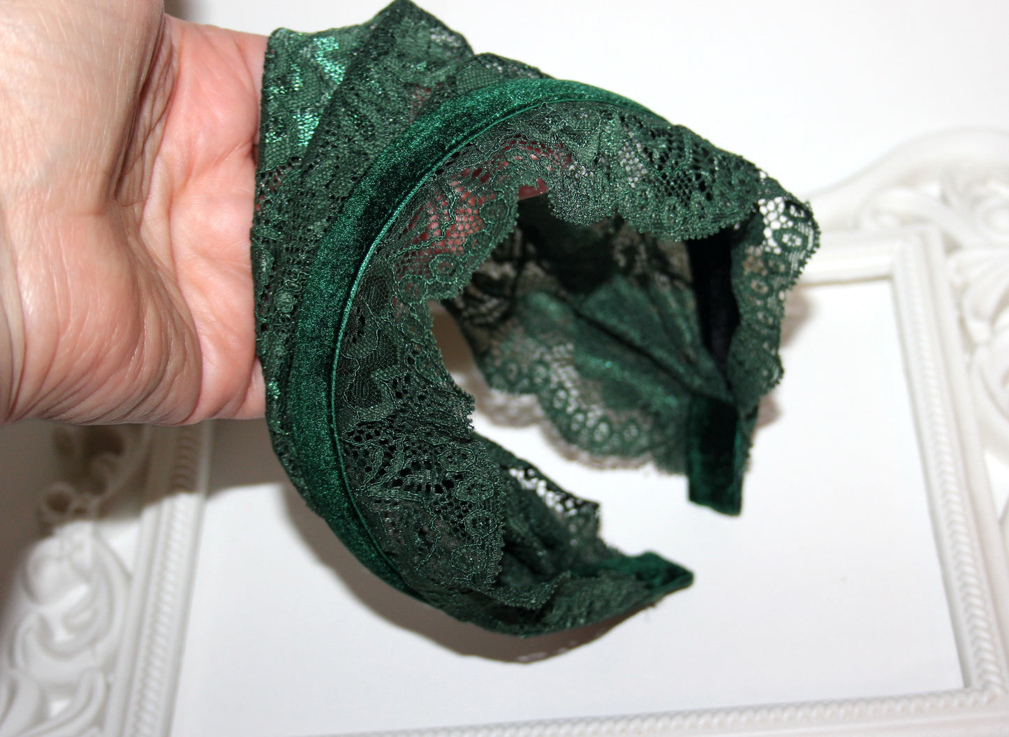 Dark Green prayer headband 7.2"inch Christian lace head covering Structured religious head cover, plastic free