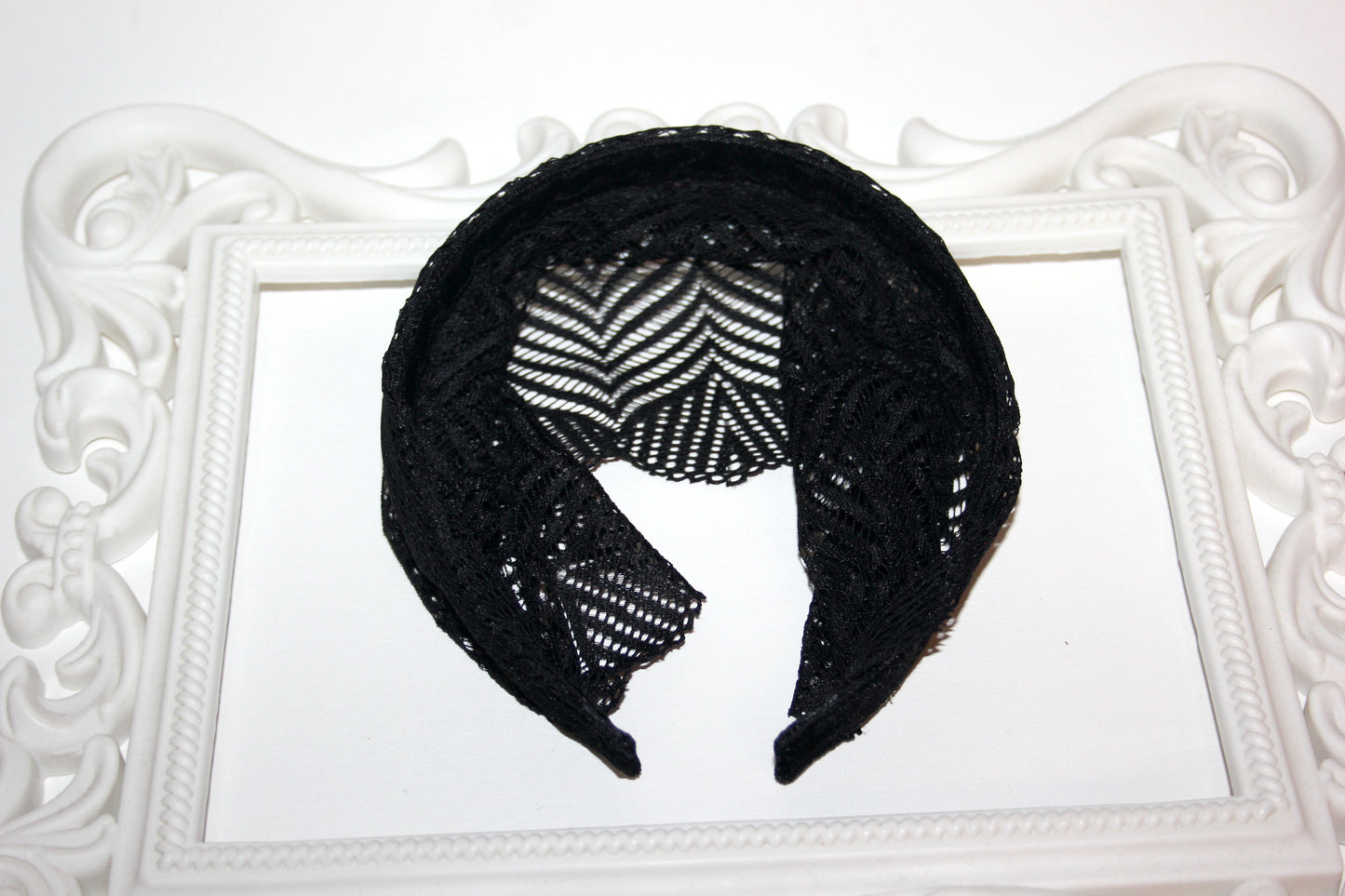 Christian head covering 7" inch Prayer lace headband Black herringbone head cover, plastic free