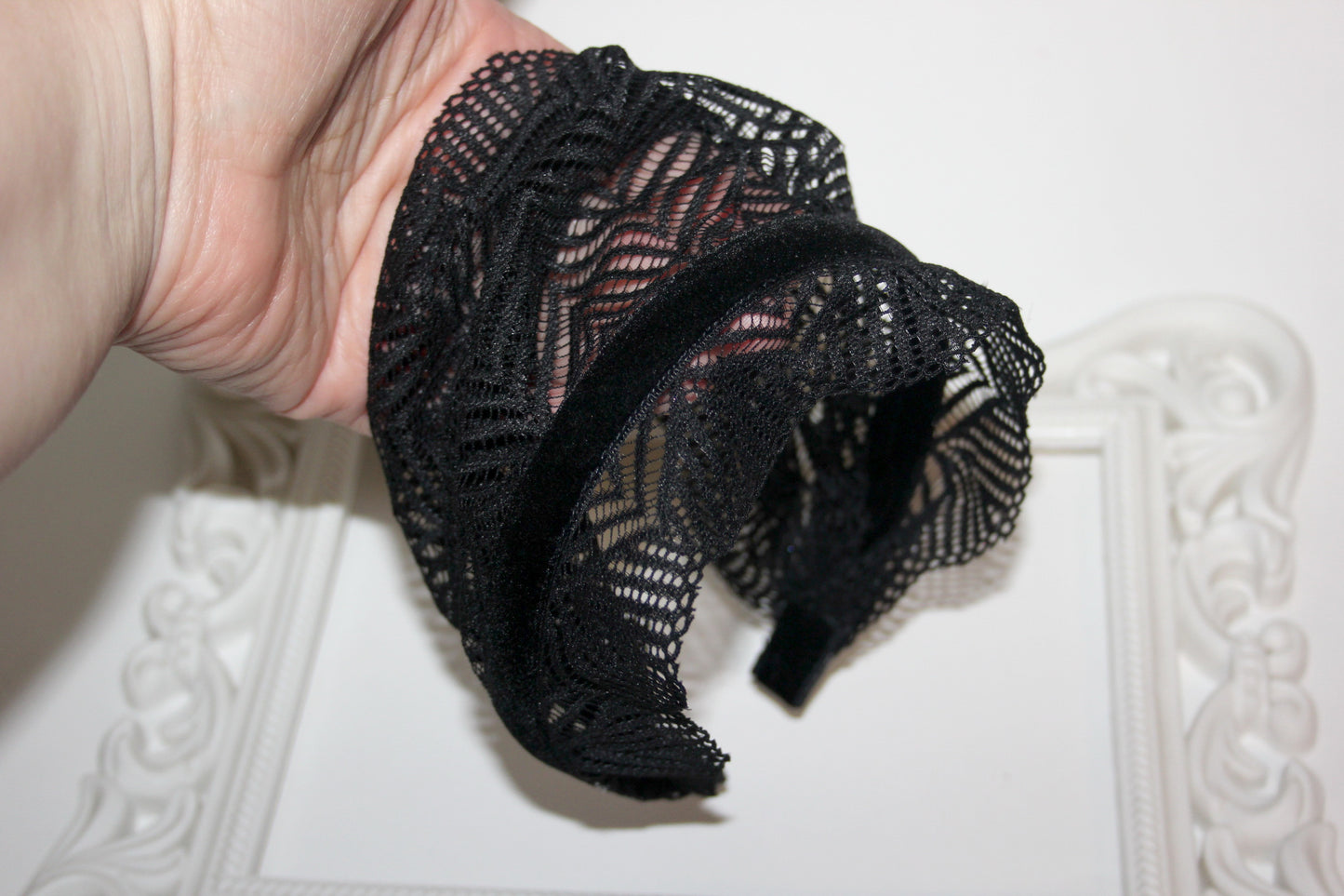 Christian head covering 7" inch Prayer lace headband Black herringbone head cover, plastic free