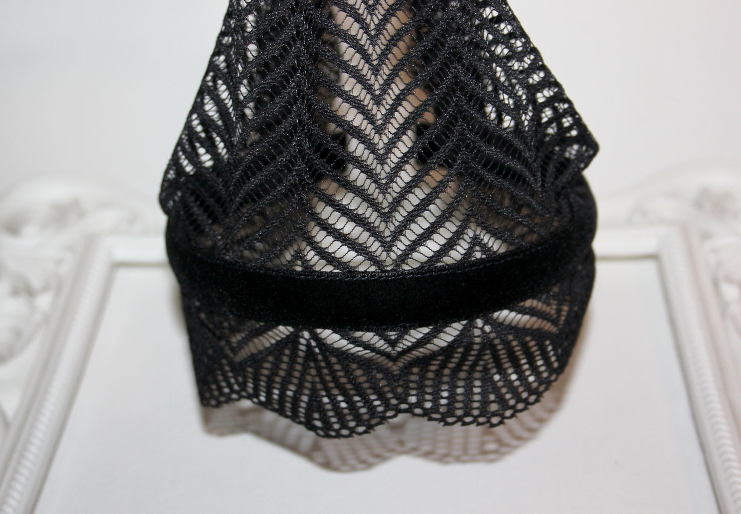 Christian head covering 7" inch Prayer lace headband Black herringbone head cover, plastic free