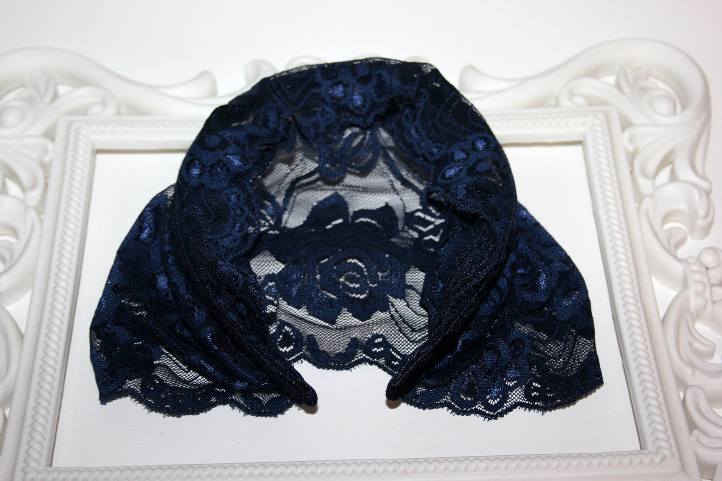 Dark Blue lace headband Christian veil Structured head cover, 7.2"inch, plastic free hairband