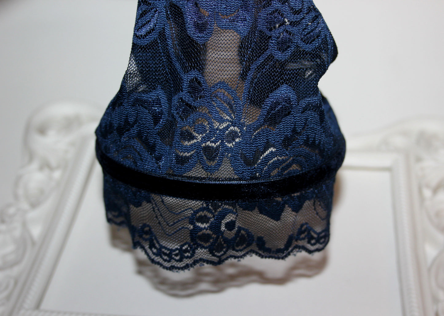 Dark Blue lace headband Christian veil Structured head cover, 7.2"inch, plastic free hairband