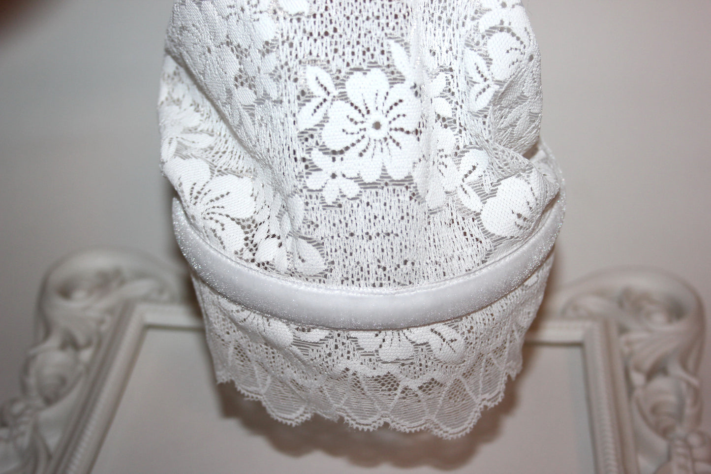 Off White prayer headband 9"inch Christian lace head covering Structured religious head cover, plastic free