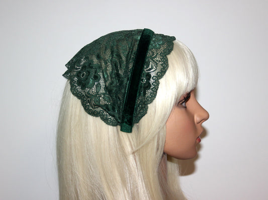 Dark Green prayer headband 7.2"inch Christian lace head covering Structured religious head cover, plastic free